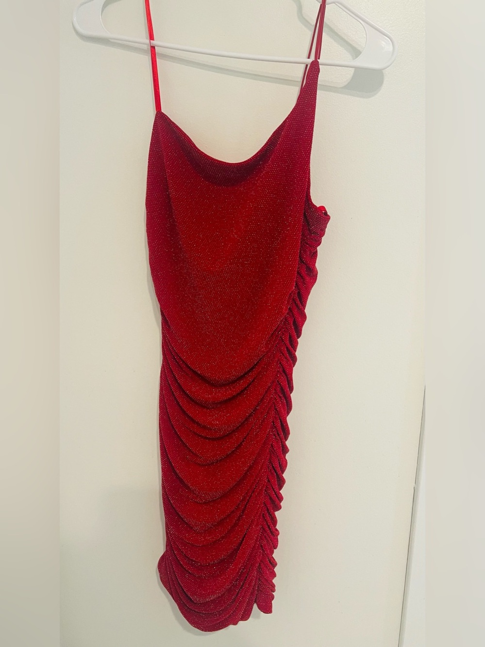Lulus Red Draped Sparkle Slip Dress One Shoulder